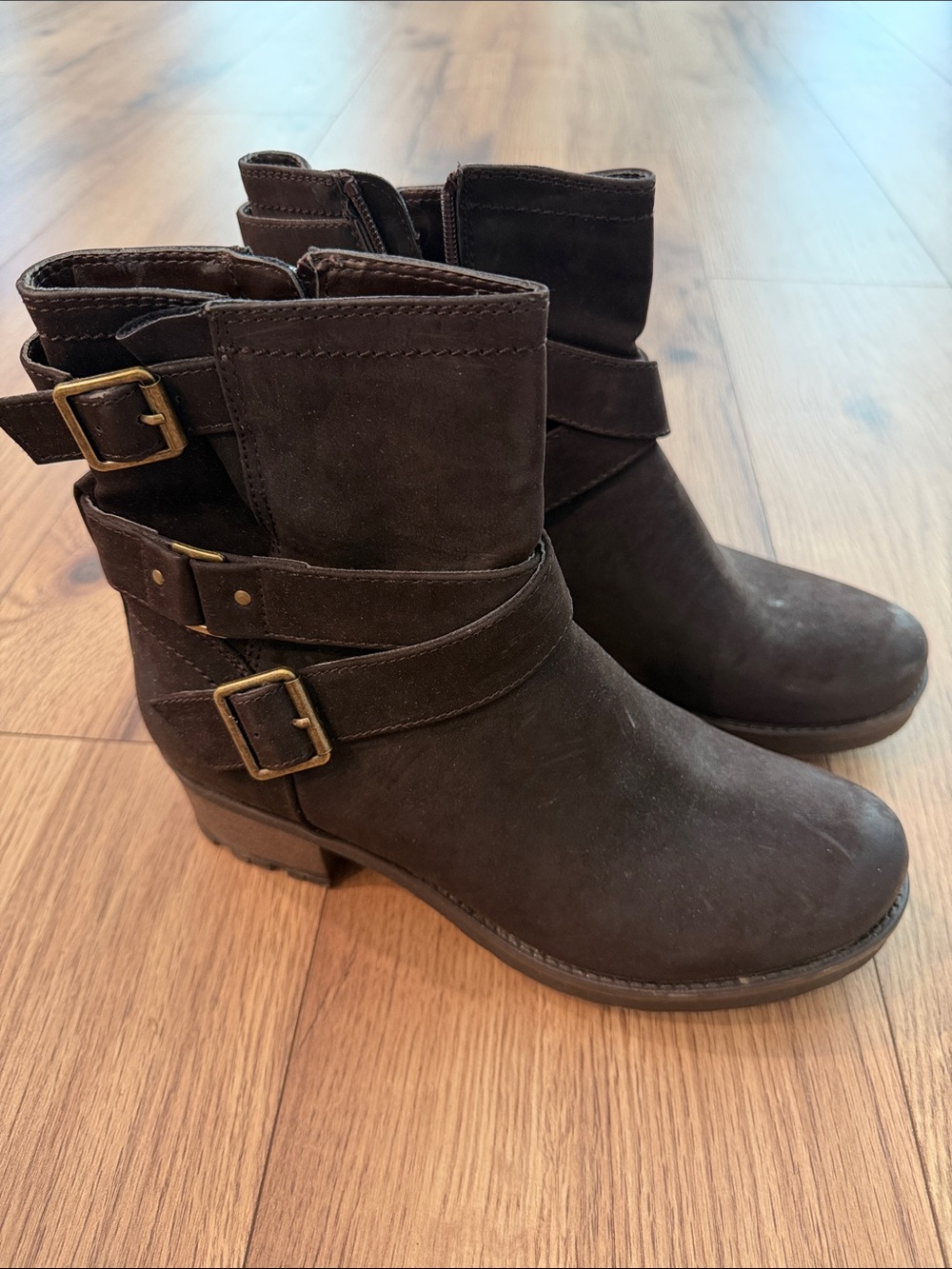 Brown booties with buckles